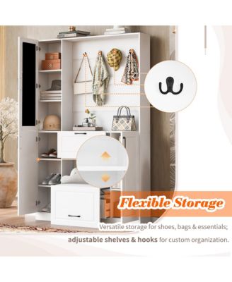  Entryway Bench with Shoe Cabinet, Hall Tree, Hooks & Foldable Seat