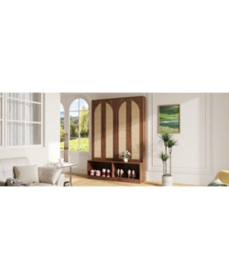 Streamdale Farmhouse Hall Tree - Rattan Doors, Bench, Hooks, Shoe Cabinet - Walnut, 55.1"W