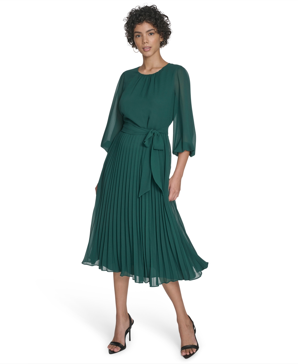 Jessica Howard Petite Balloon Sleeve Shirred Neck Pleated Skirt Belted Midi Dress In Green