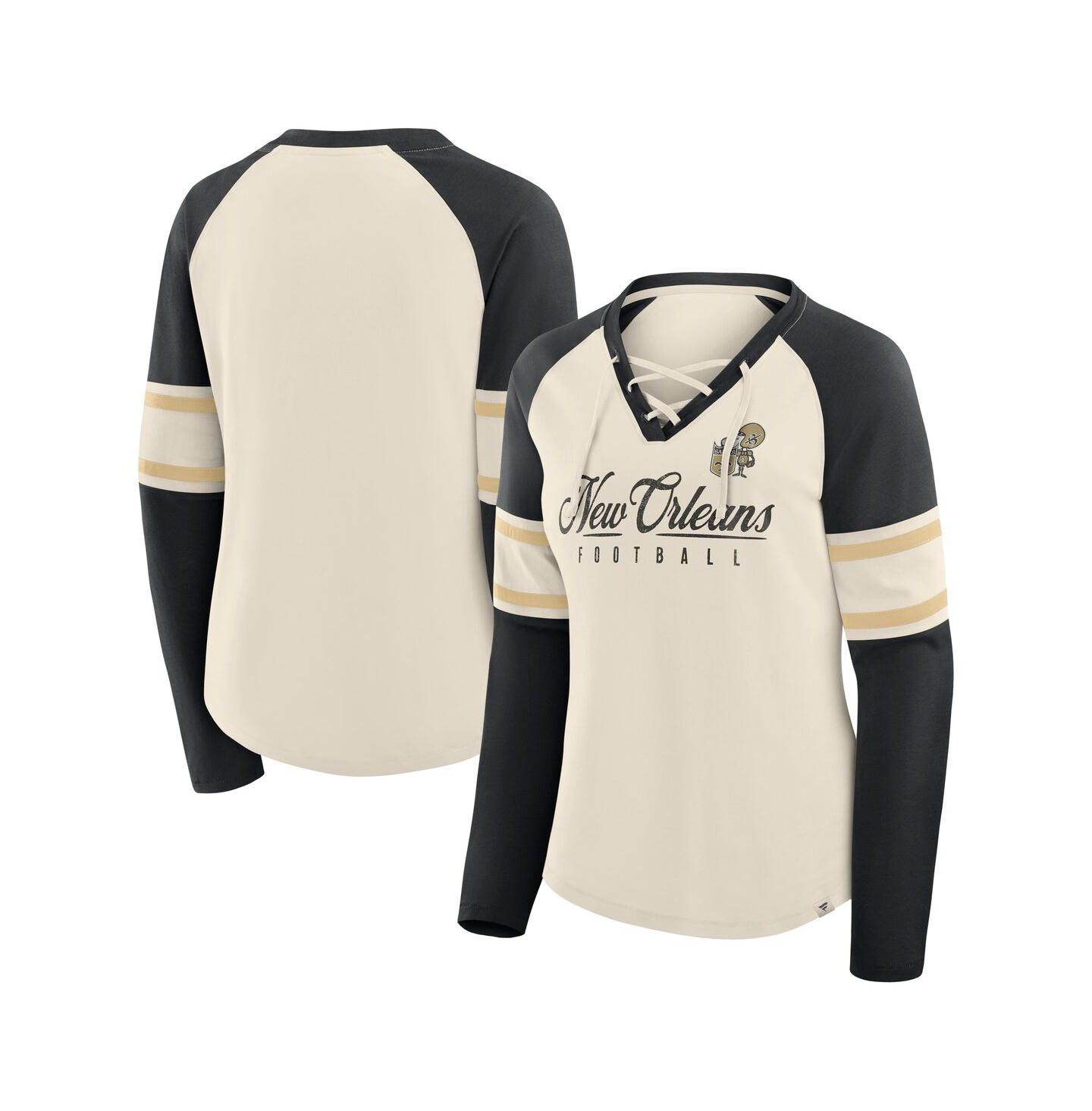 Женская футболка Fanatics Cream/Black New Orleans Saints Hometown Gridiron Hero Raglan Lace-Up V-Neck Long Sleeve — фото 1