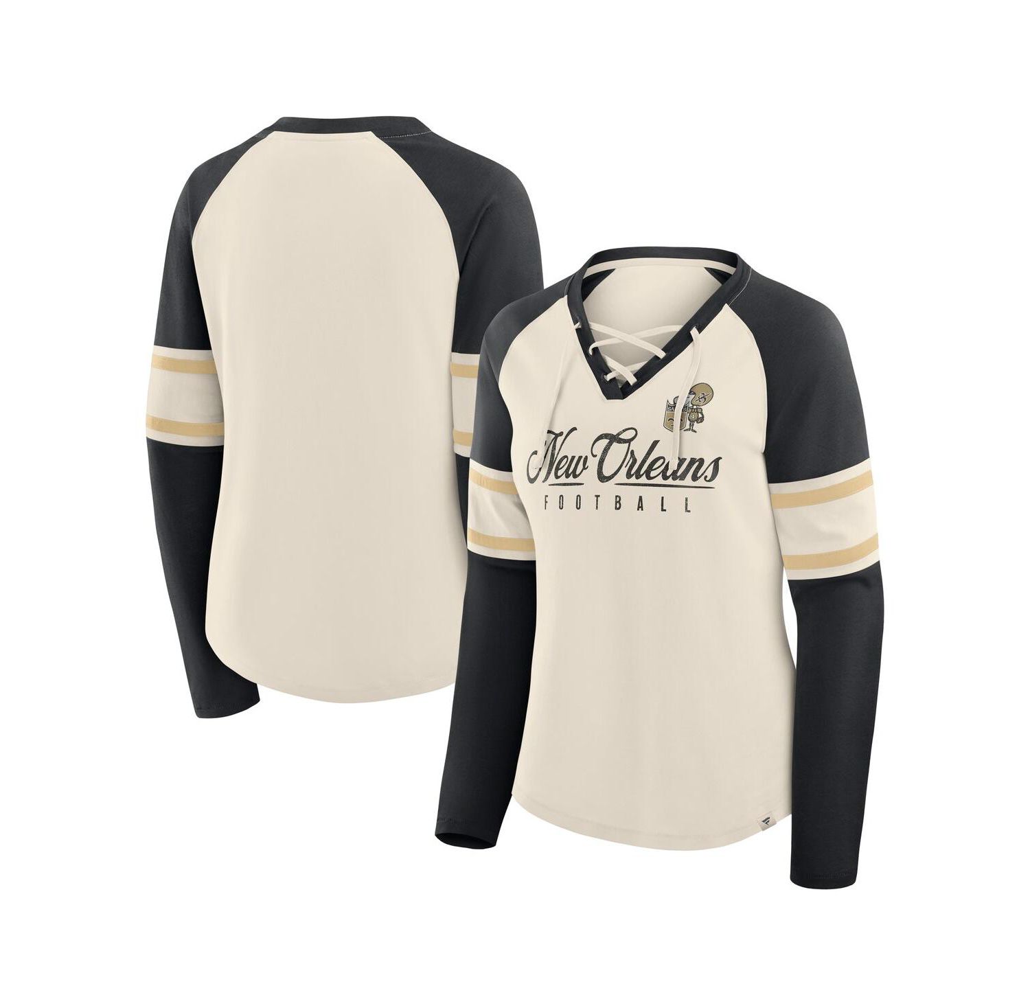 Women's Cream/Black New Orleans Saints Hometown Gridiron Hero Raglan Lace-Up V-Neck Long Sleeve T-Shirt