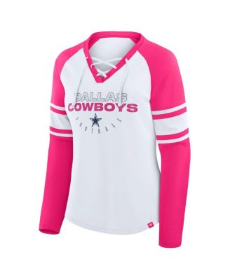 Women's White/Pink Dallas Cowboys Redzone Rhinestone Bling Lace Up Long Sleeve T-shirt