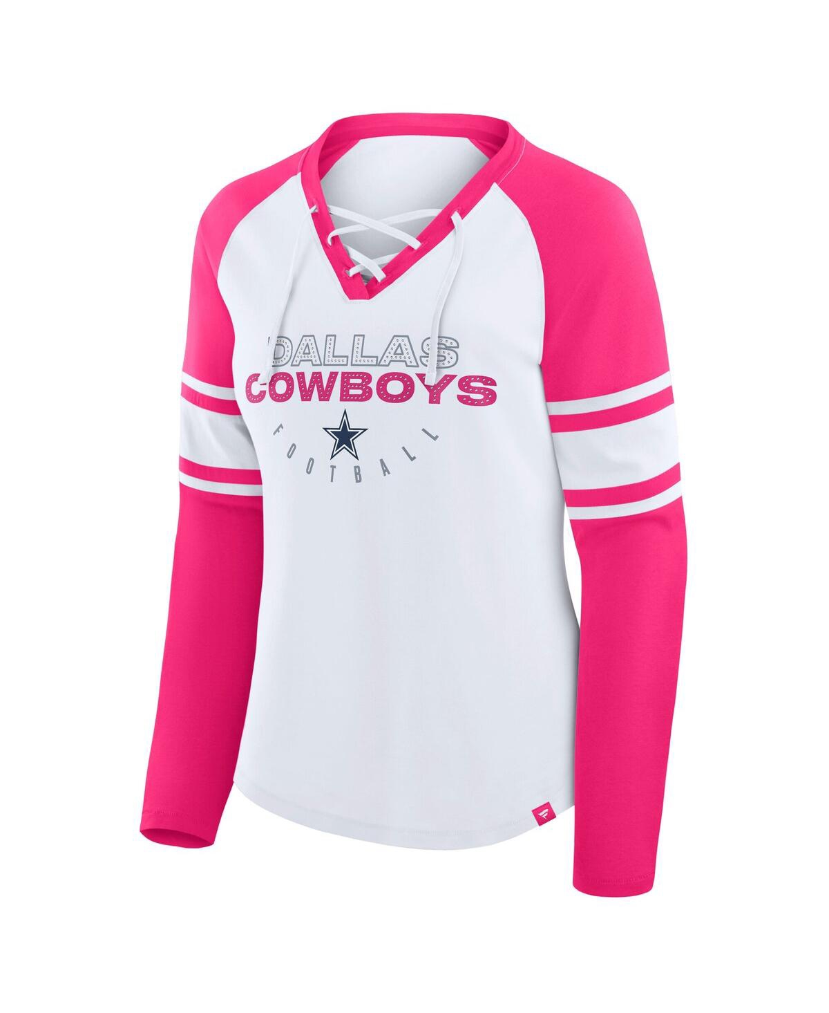 Fanatics Women's White/pink Dallas Cowboys Redzone Rhinestone Bling Lace Up Long Sleeve T-shirt In Pink
