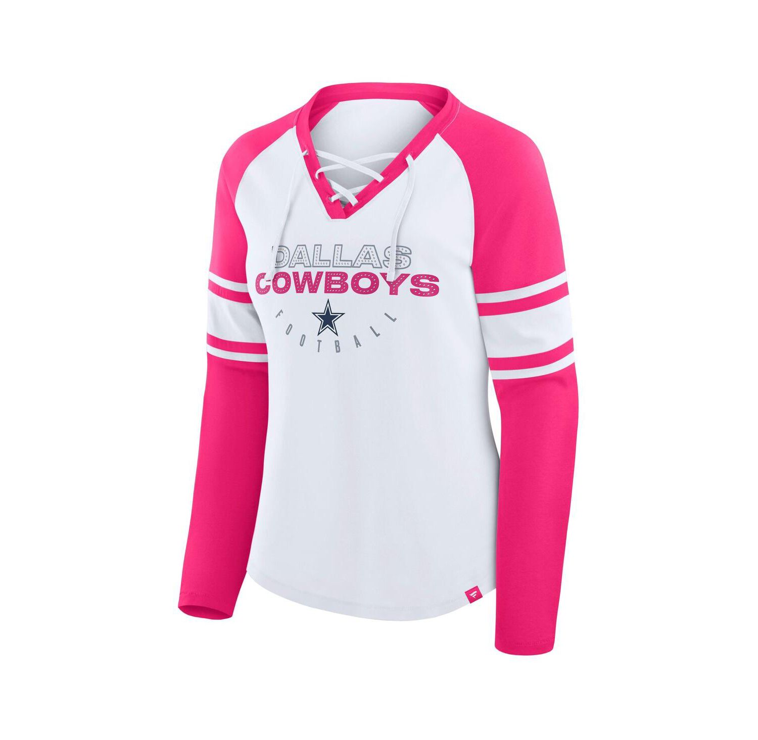 Women's White/Pink Dallas Cowboys Redzone Rhinestone Bling Lace Up Long Sleeve T-shirt