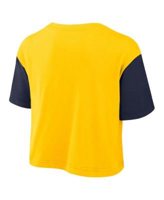 Women's Maize/Navy Michigan Wolverines Color-Block Script Dri-FIT Cropped T-Shirt