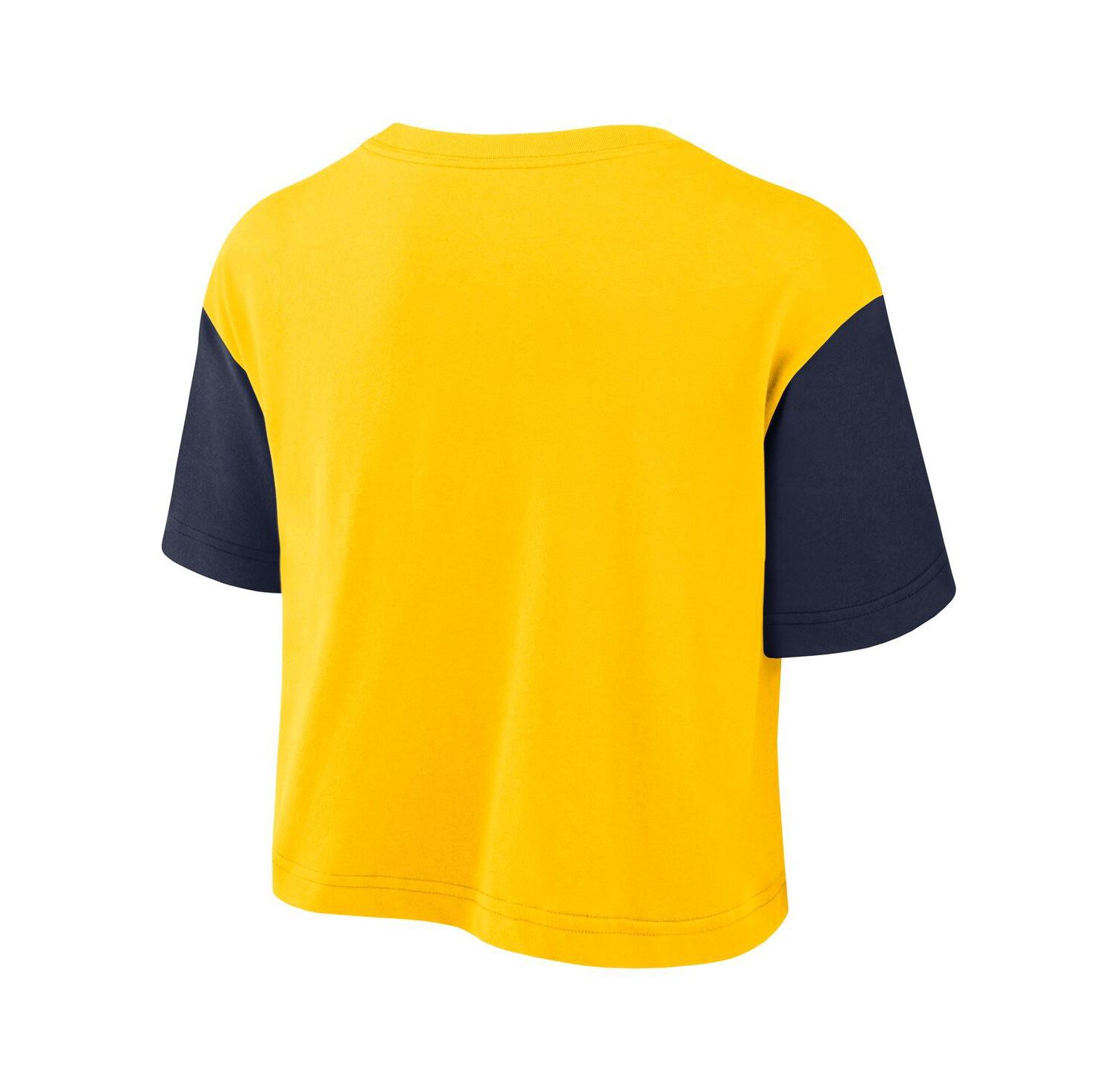 Women's Maize/Navy Michigan Wolverines Color-Block Script Dri-FIT Cropped T-Shirt