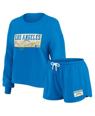 WEAR by Erin Andrews - Women's Powder Blue Los Angeles Chargers Heavy Rugby Jersey Long Sleeve T-shirt and Shorts Lounge Set