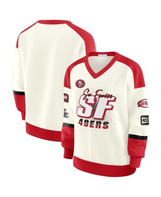 WEAR by Erin Andrews - Women's Cream San Francisco 49ers Racing Crew V-Neck Sweatshirt