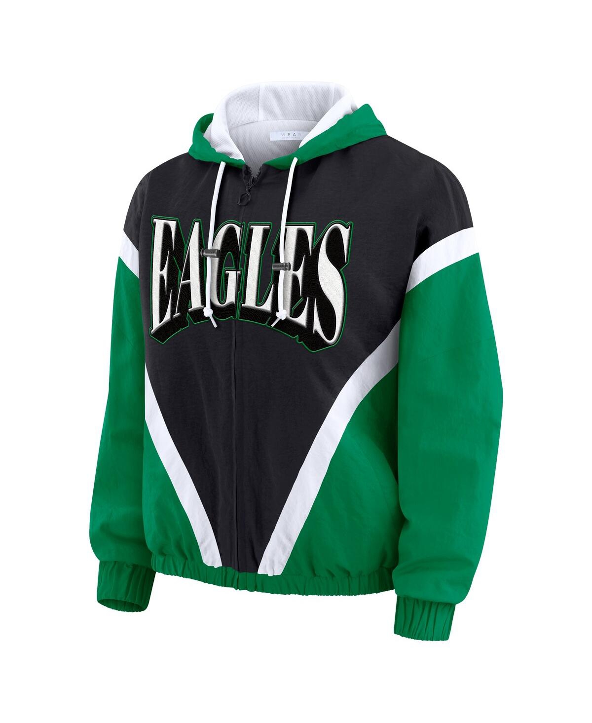 Wear by Erin Andrews Women's Kelly Green/Black Philadelphia Eagles Retro Crinkle Full-Zip Hoodie Windbreaker