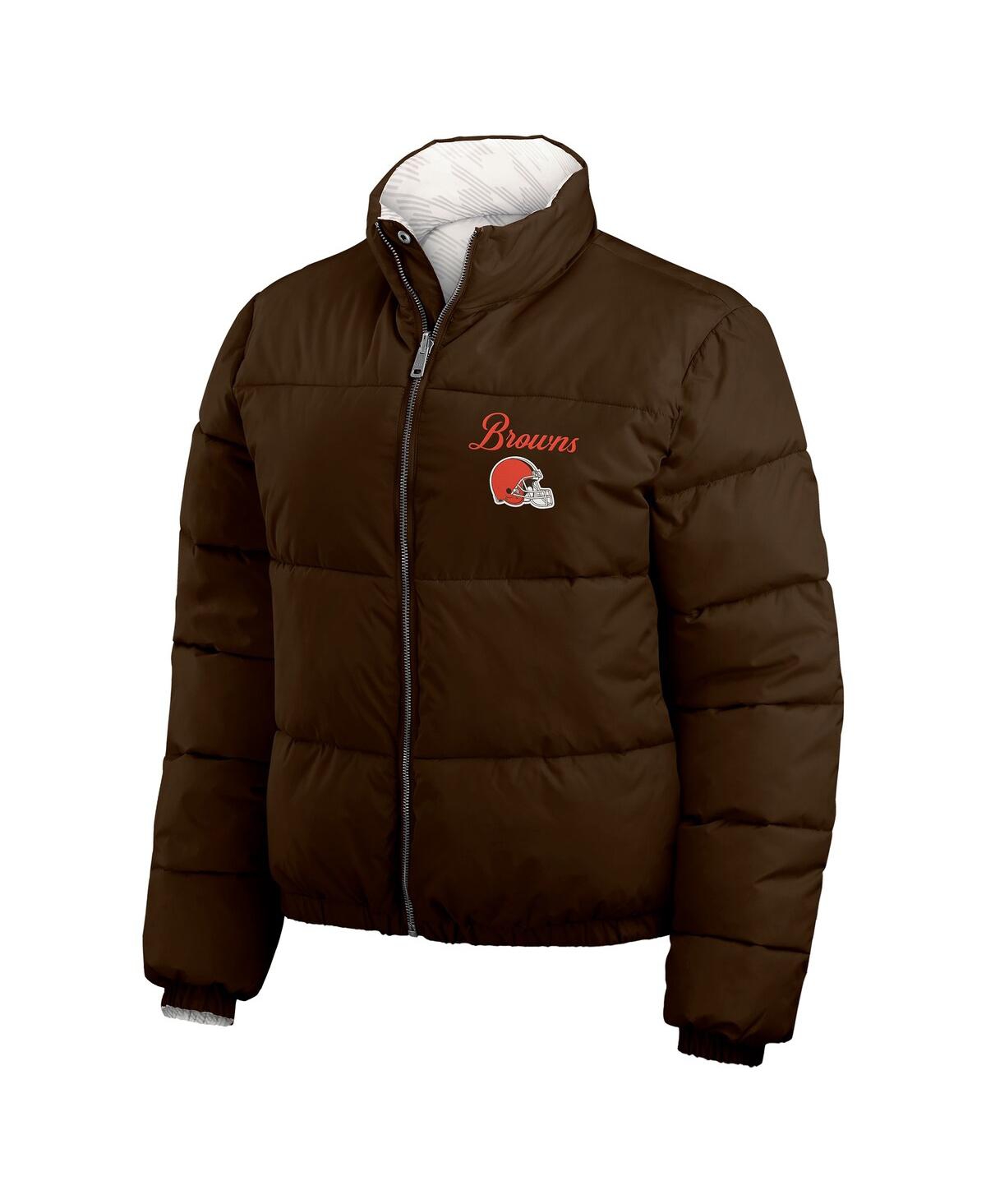 Wear By Erin Andrews Women's Brown/white Cleveland Browns Reversible Cropped Full-zip Puffer Jacket In Multi