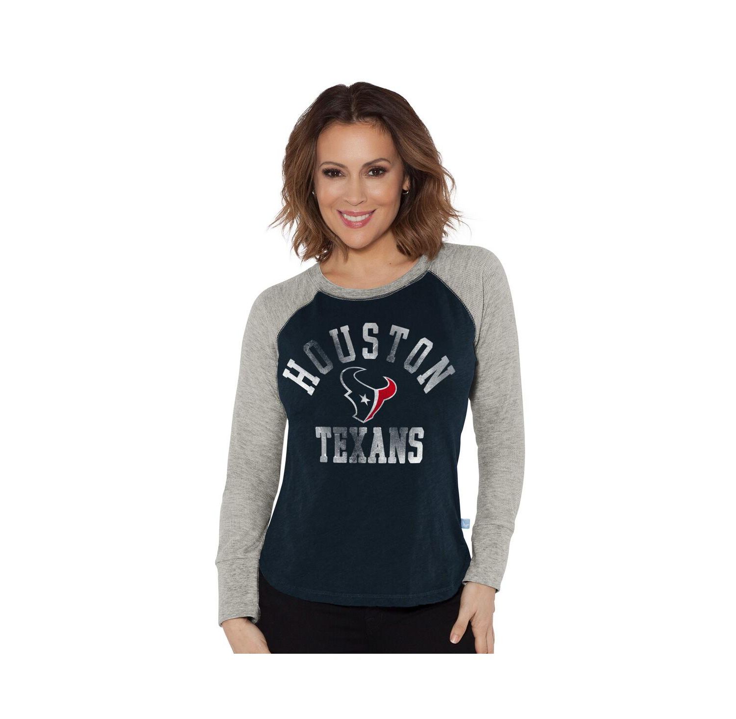 Women's Navy/Heather Gray Houston Texans Waffle Knit Raglan Long Sleeve T-Shirt