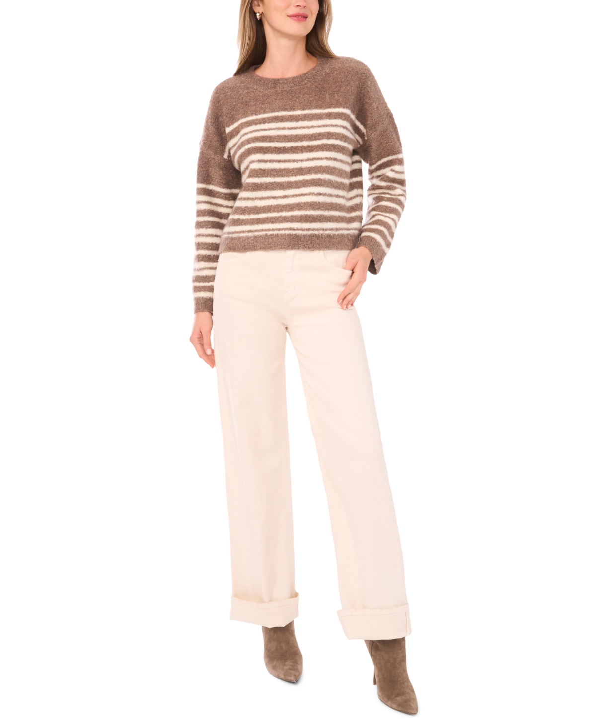 1.state Women's Striped Long Sleeve Crewneck Sweater In Brown
