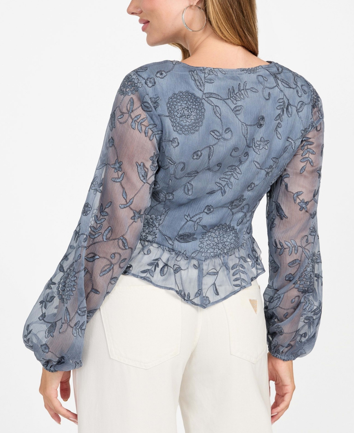 Guess Women's Seiah Embroidered Blouson-sleeve Blouse In Blue