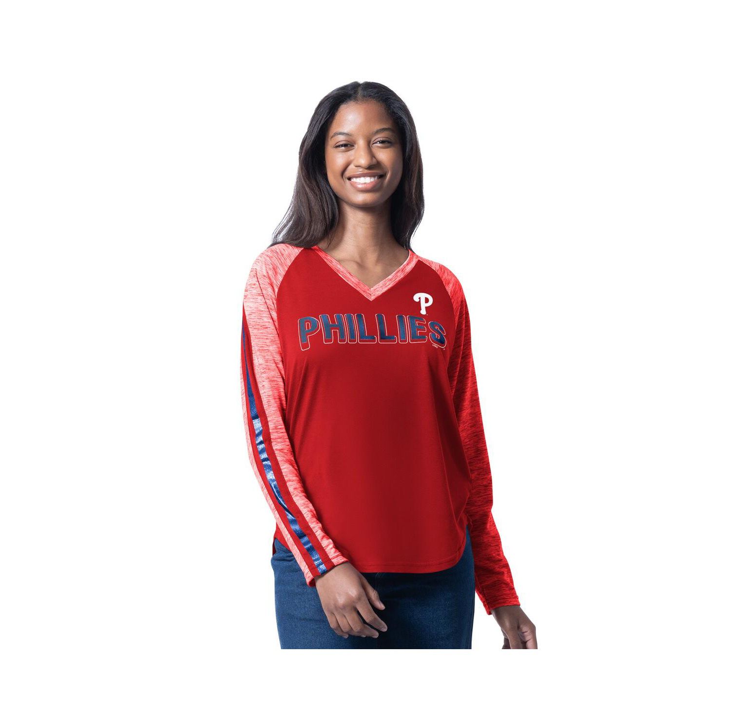 Women's Red Philadelphia Phillies Top Dog Raglan Long Sleeve V-Neck T-Shirt