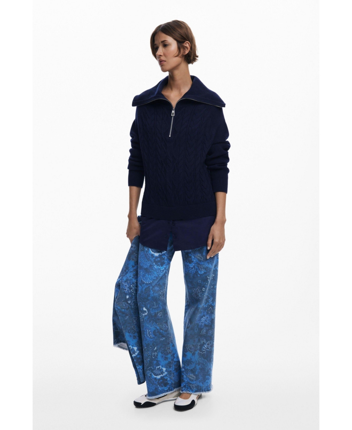 Desigual Mixed Media Oversize Cable Half Zip Sweater In Blue