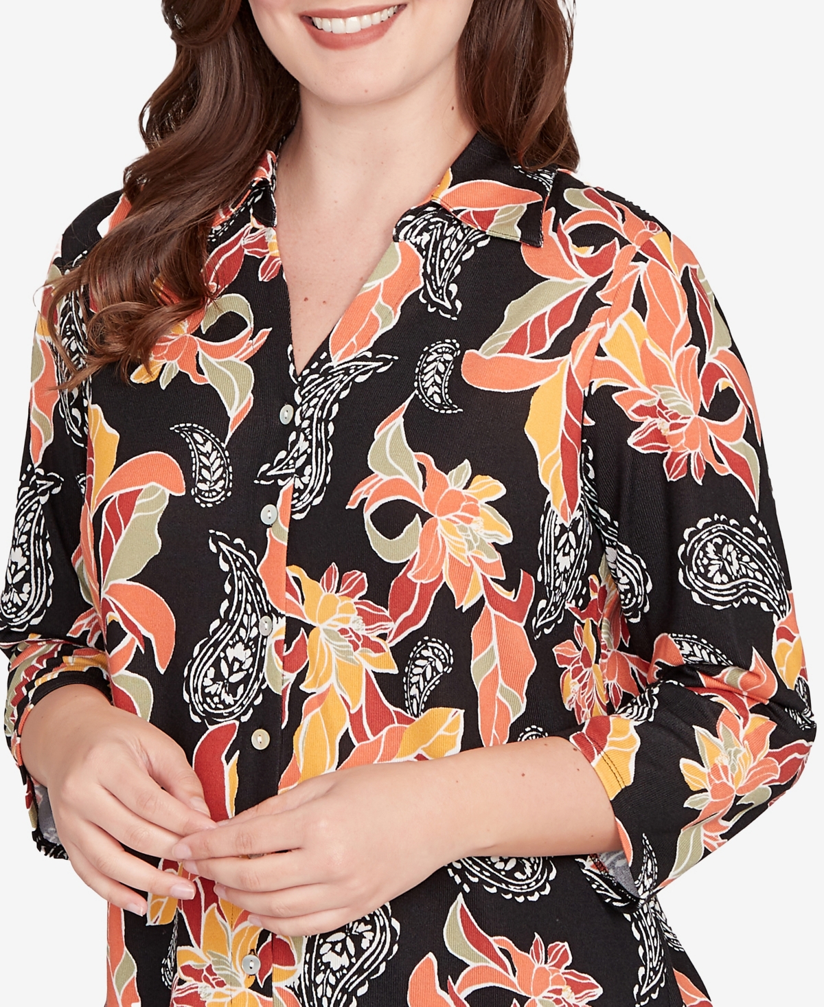 Ruby Rd. Petite Shirt Collar Floral Paisley Button Front Top In Multi