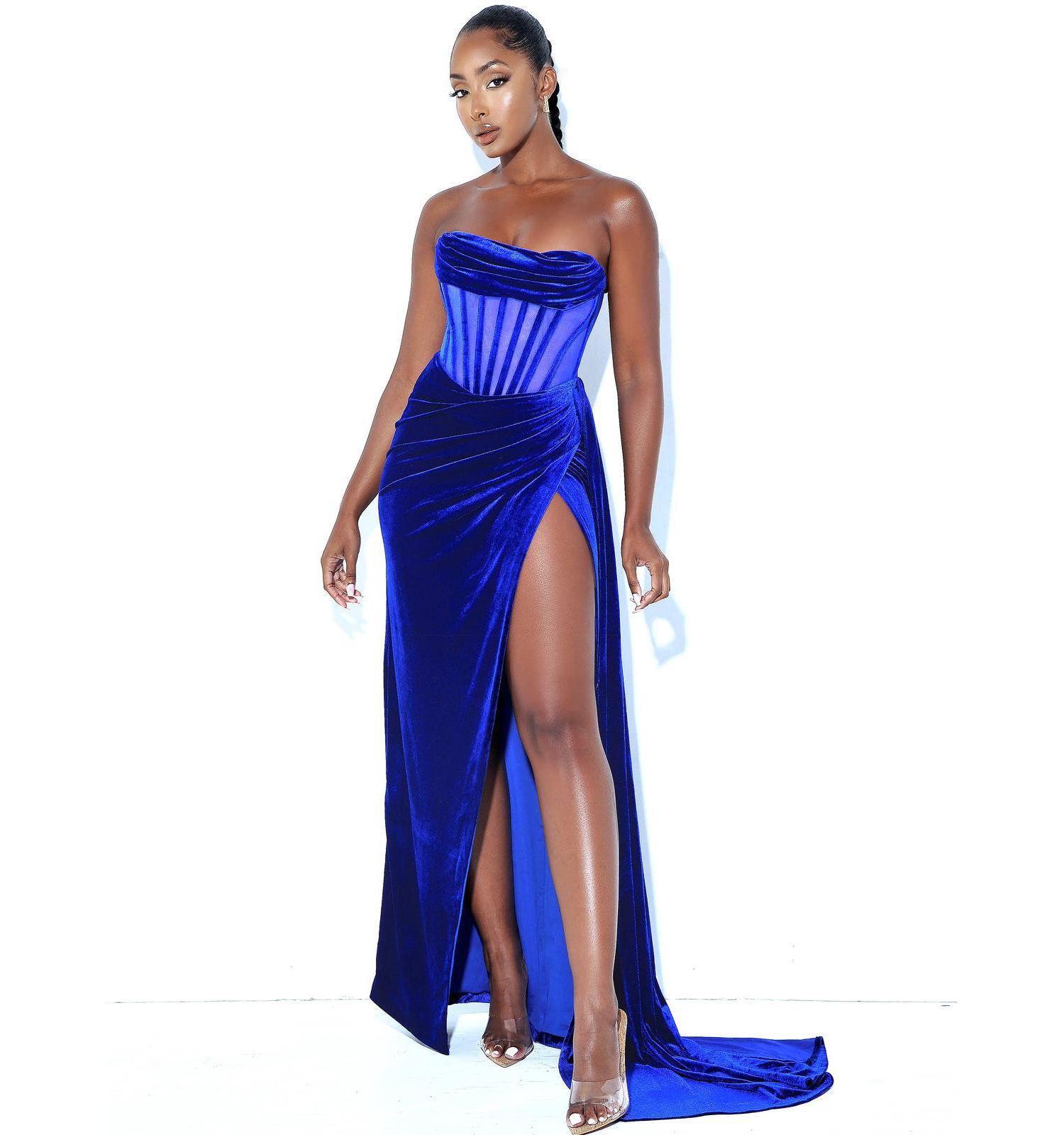Women Priya Royal Blue Draping Corset High Slit Velvet Gown