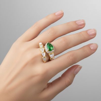 14K Gold Plated with White Mother Of Pearl, Green & Clear Cubic Zirconia Bypass Ring