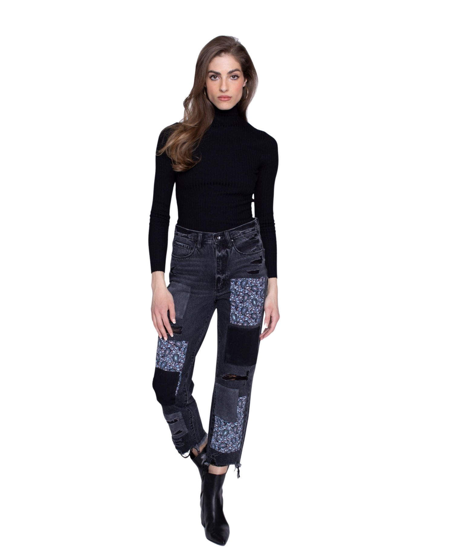 Women's Black Stone Paisley Patchwork High-Rise Straight Leg Jeans, 100% Cotton