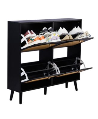 2 Rows of 4 Dump Buckets Shoe Cabinet with Frame High Legs and Wood Rattan Surface