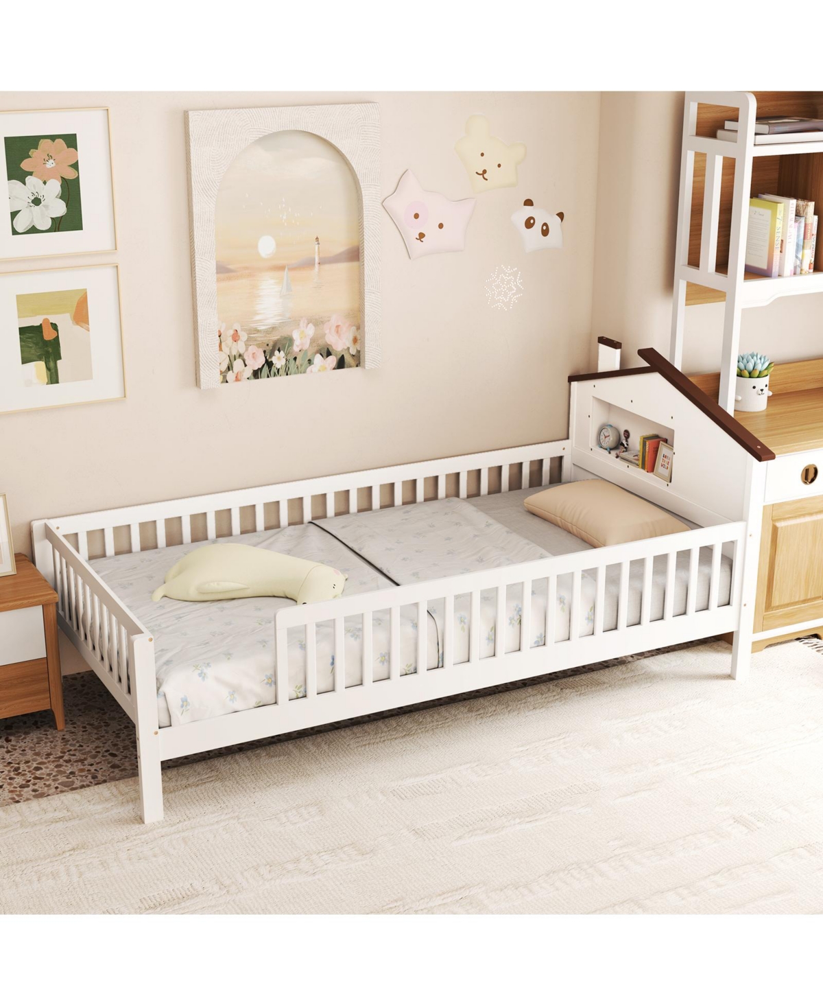 Gymax Twin Kids Bed Solid Wood Platform w/ Under-bed Storage & Cube