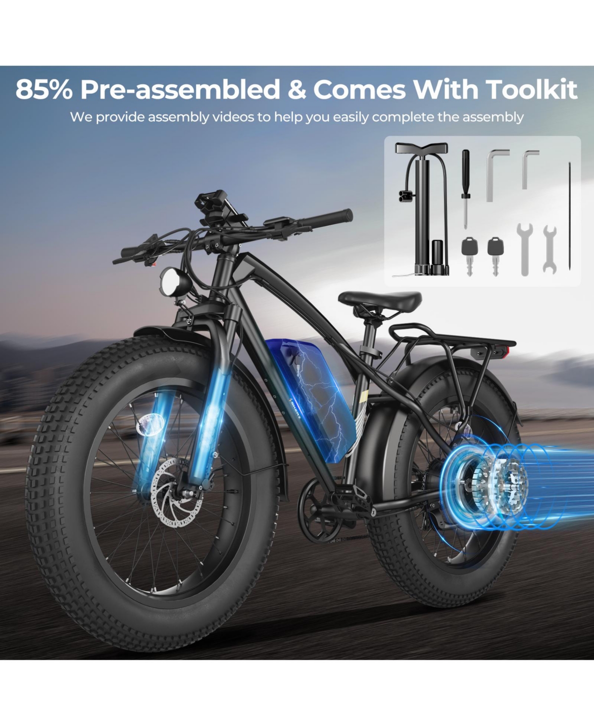 Mikolo Electric Bike for Adults, 750W Peak Motor, 28MPH, 48V 15.6Ah Battery, 26"x4" Fat Tire Mountain E-Bike, 45-55 Miles Range, Shimano 7-S