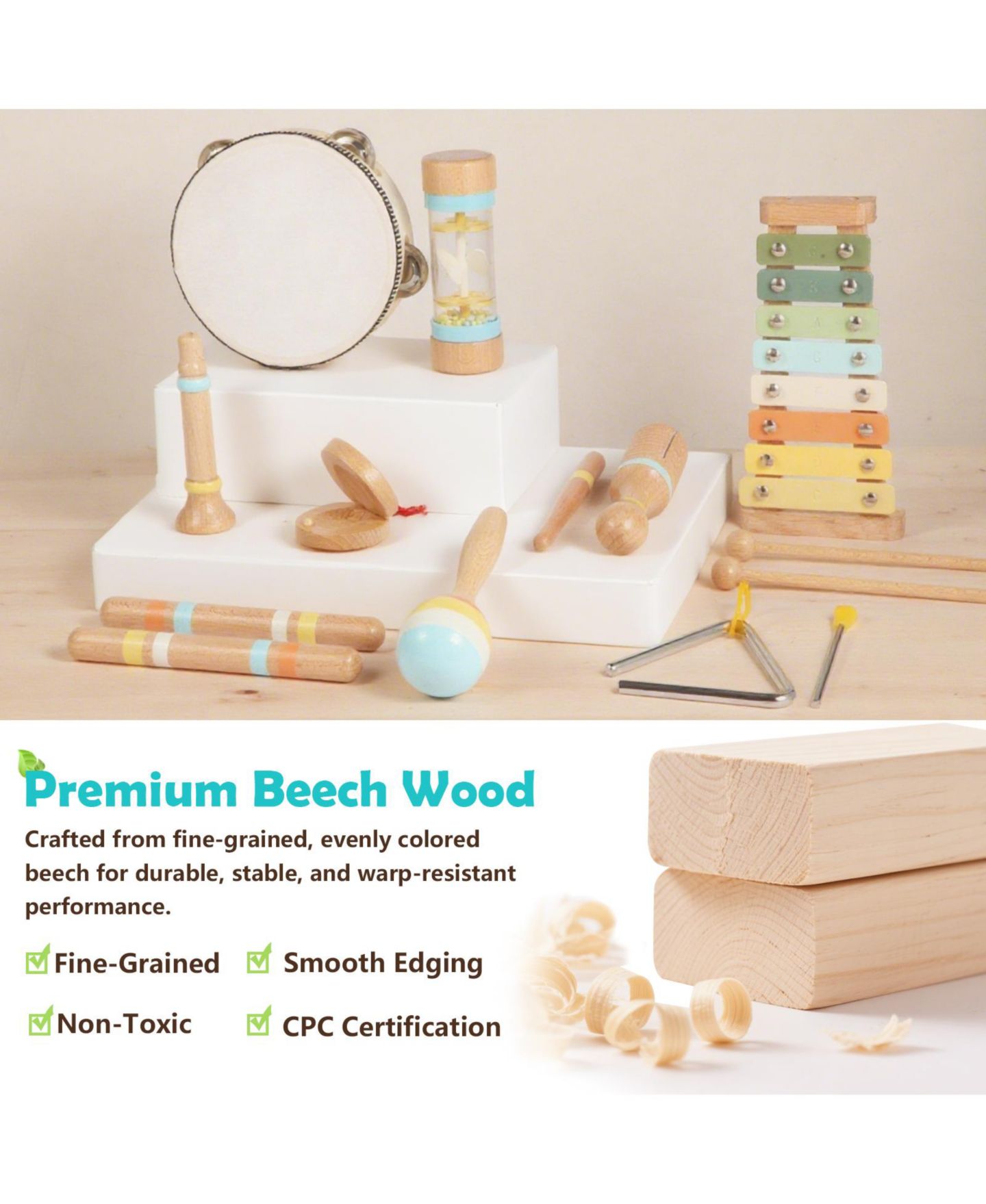 Детские игрушки SUGIFT Wooden Montessori Musical Instruments 9-Piece Set, Ages 1–5, цвет: Натуральный — фото 5