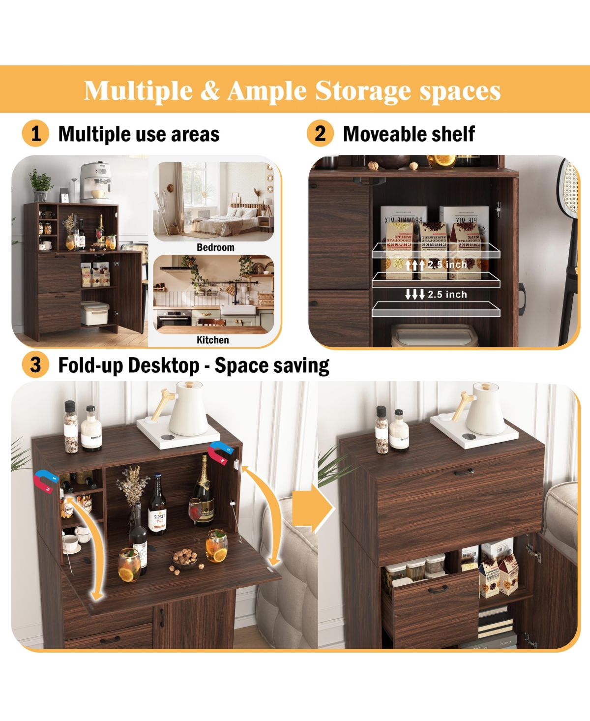 Casainc Desk Cabinet with Foldable Desktop, Storage Drawer and Shelves for Small Spaces