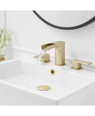 3 Holes Vanity Sink With Metal Drain Waterfall 8 in. Widespread Double Handle Gold Bathroom Faucet Set