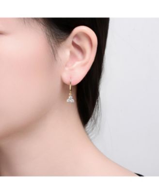 14K Gold Plated with Clear Cubic Zirconia Three Stone Drop Hoop Earrings