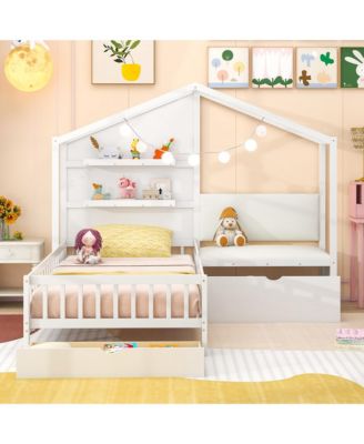 Twin Size House Bed Kids Platform Bed w/ Padded Bench & Floating Shelves