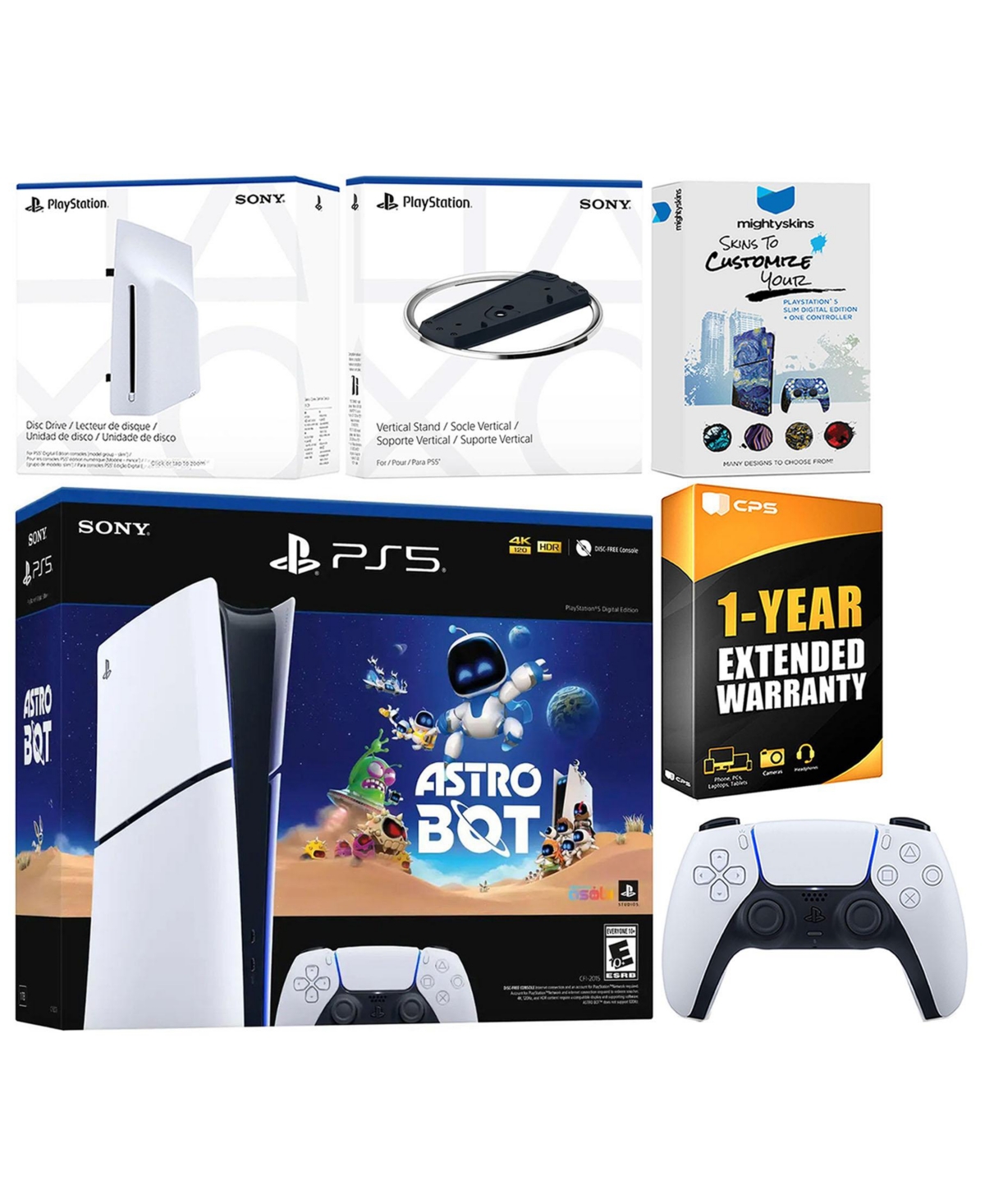Sony PlayStation 5 Astro Bot Slim Digital Bundle with Disc Drive, Vertical Stand, MightySkins Voucher and 1 Year Extended Warranty - White