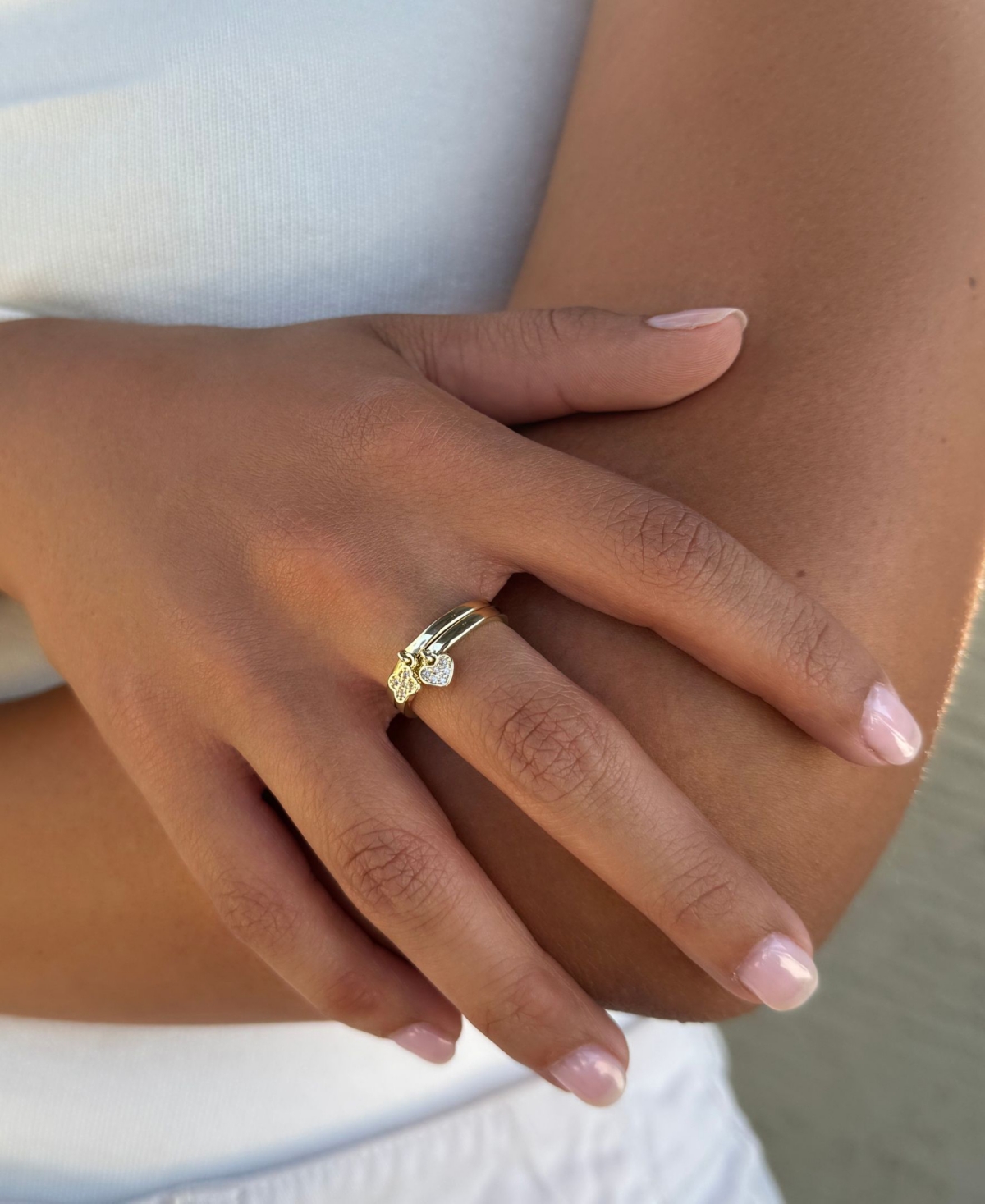 Adornia Gold Cubic Zirconia Dangling Heart and Clover Ring Set
