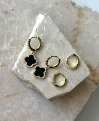 Gold Plated Cubic Zirconia Halo Black Clover Huggie Earring Set