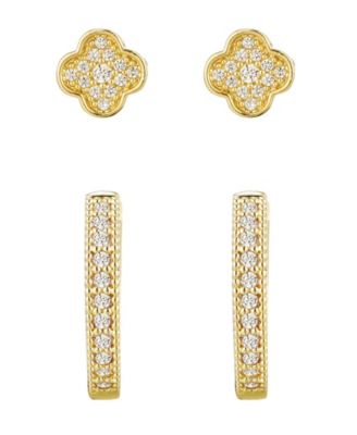 Gold Plated Cubic Zirconia Huggie and Clover Stud Set