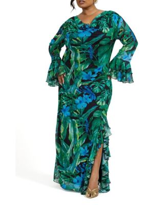 Women's Ruffle Cowl Neck Palm Print Maxi Dress