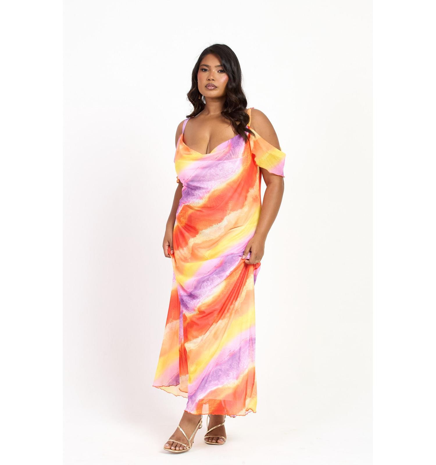 Women's Cold Shoulder Marble Print Maxi Dress