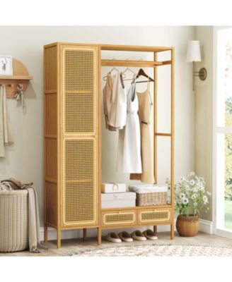Bamboo Clothing Rack with Cabinet Hanging Rod Storage Shelf &amp; Drawers for Foyer