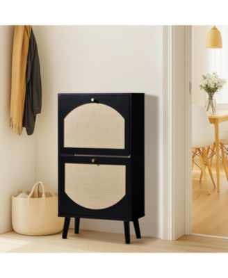 Two Dump Buckets Shoe Cabinet with High-Leg Frame and Original Wood Rattan Surface