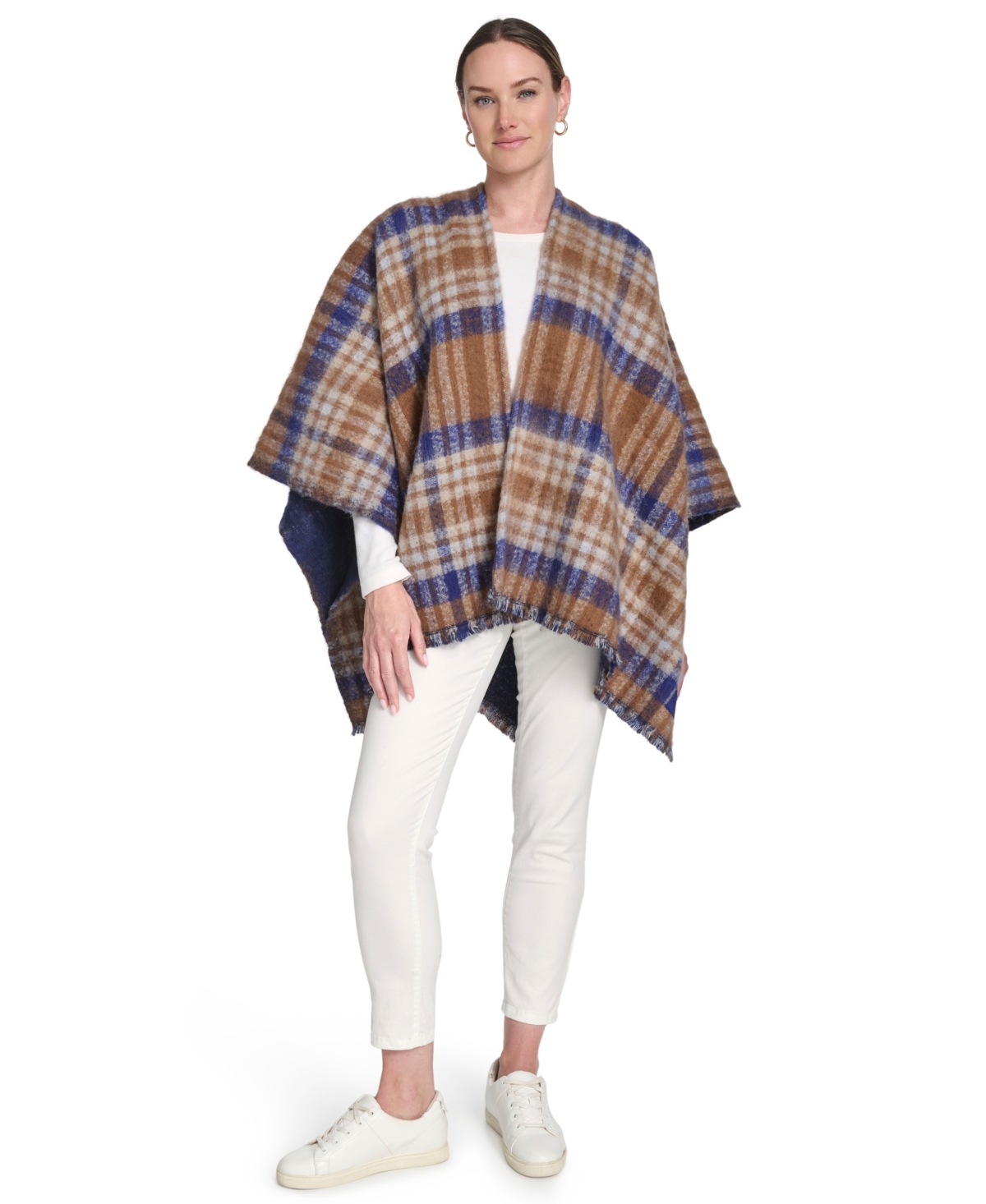 Calvin Klein Double Face Plaid Shawl In Brown