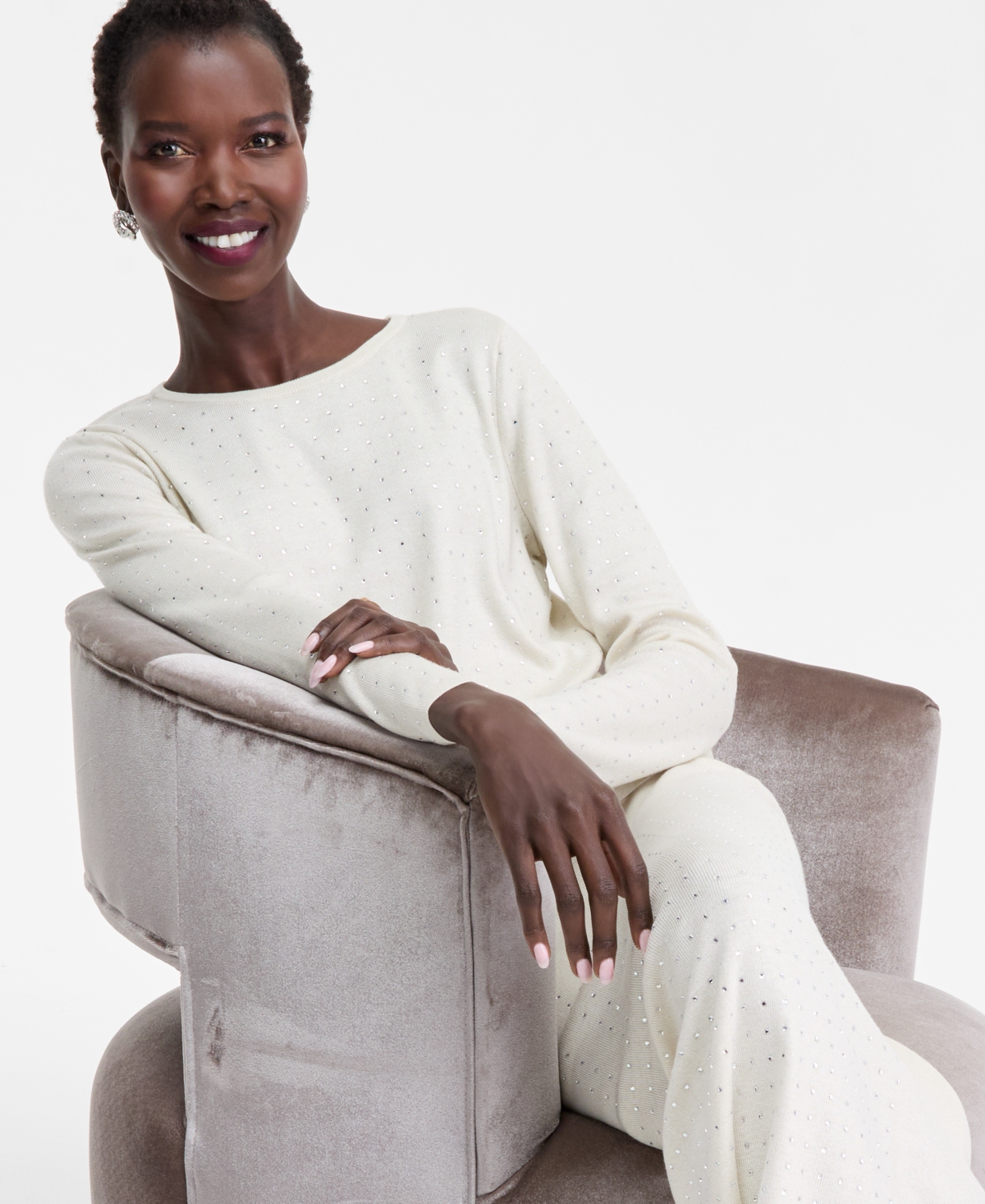 Inc International Concepts Women's Rhinestone Scoop-neck Sweater, Macy's Exclusive In White