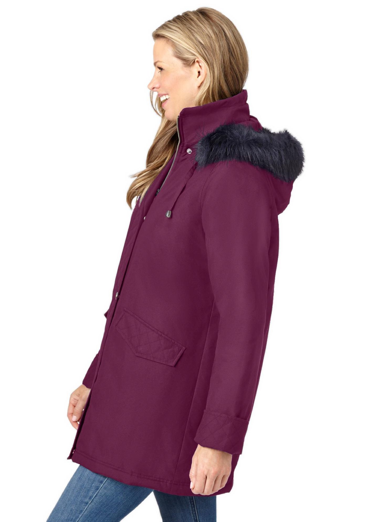 Женская куртка Woman Within Plus Size Faux Fur Down Parka, цвет: Глубокий бордово-красный — фото 4