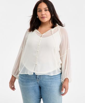 On 34th - Trendy Plus Size Crinkle-Chiffon Tie-Neck Blouse