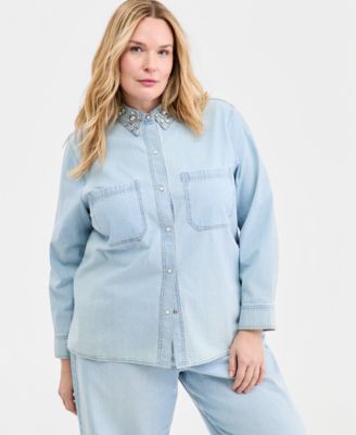 On 34th - Trendy Plus Size Embellished Collar Denim Shirt