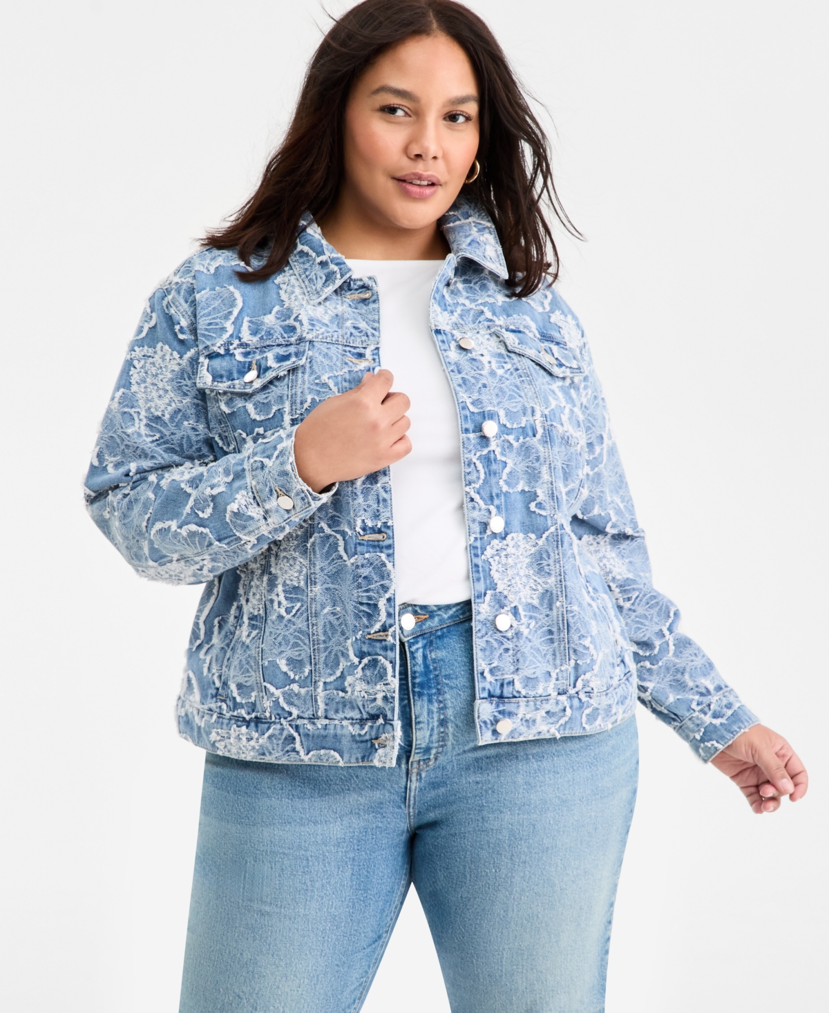 On 34th Trendy Plus Cotton Denim-Jacquard Trucker Jacket, Macy's Exclusive