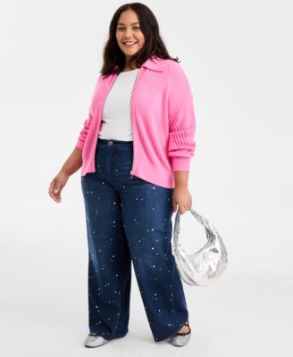 Trendy Plus Size Pointelle Zip-Front Cardigan, Macy's Exclusive