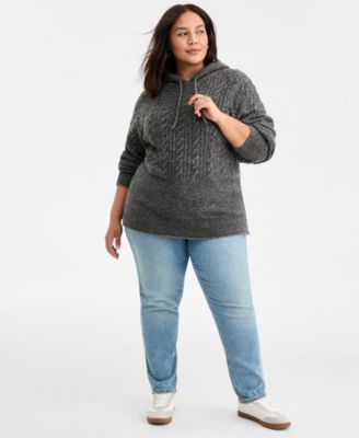 Trendy Plus Size Cable-Knit Cozy Sweater Hoodie, Macy's Exclusive