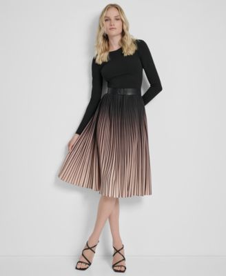 DKNY - Women'a Ombr&eacute; Belted Pleat-Skirt Long-Sleeve Dress