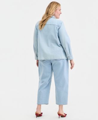 Trendy Plus Size Embellished Collar Denim Shirt & Embellished Cropped Barrel-Leg Jeans, Macy's Exclusive