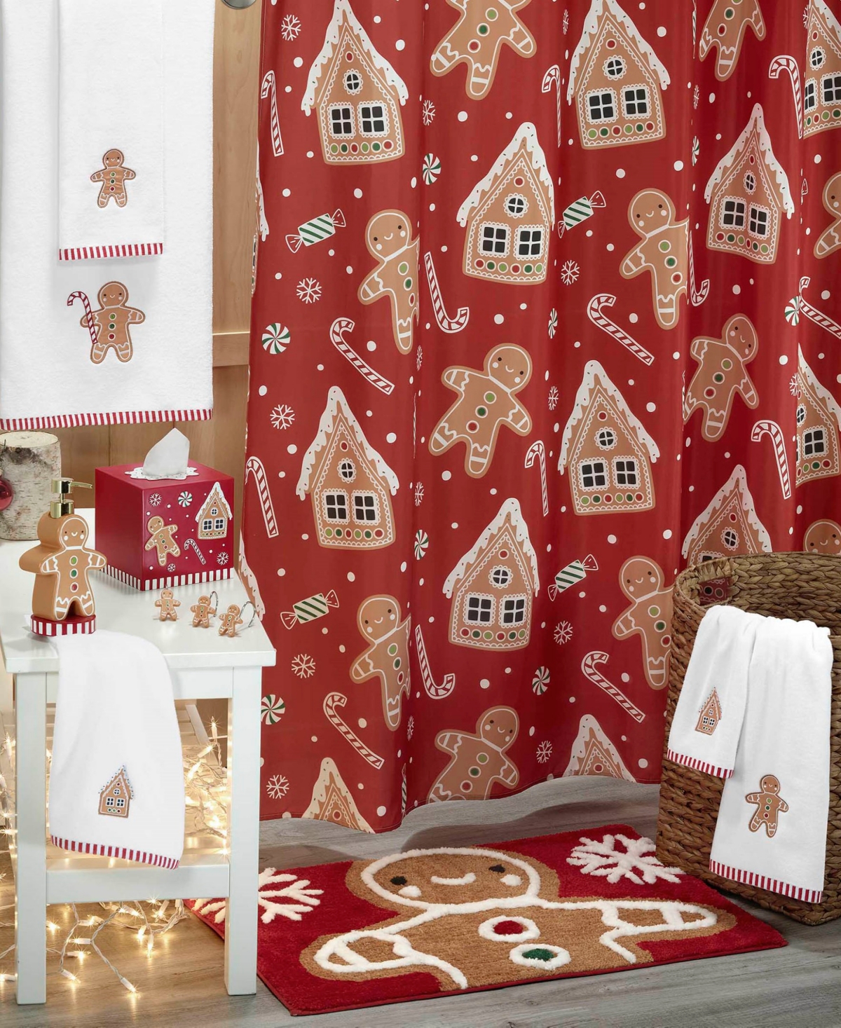 Avanti Gingerbread Man Shower Curtain And 12-pc. Shower Curtain Hooks Set In Red